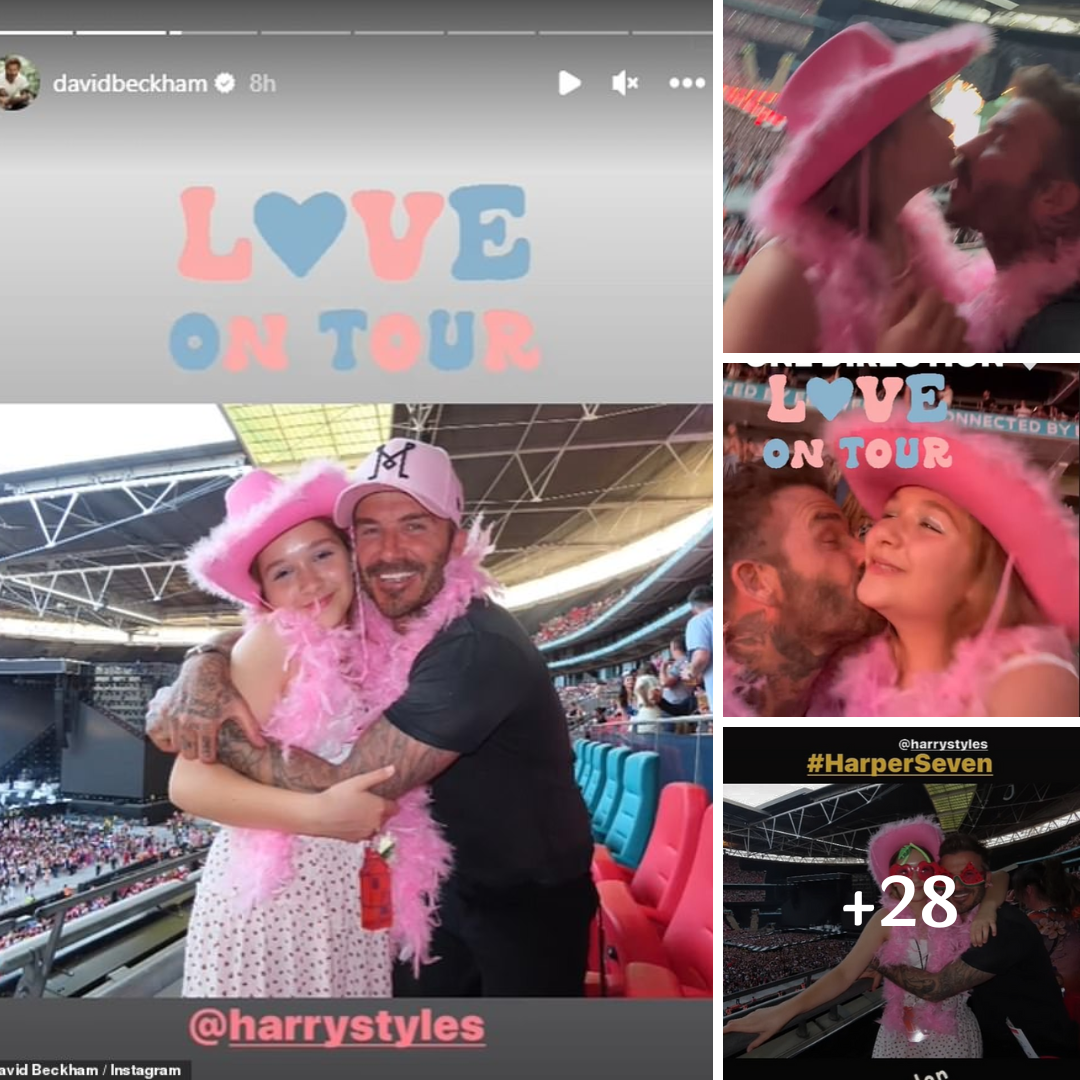 David Beckham shares sweet clip kissing daughter Harper, 11, as they watch Harry Styles