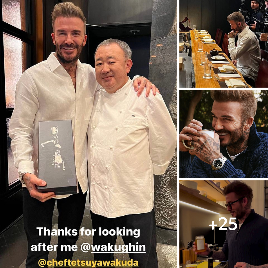 David Beckham poses with chef Tetsuya Wakuda at Waku Ghin restaurant