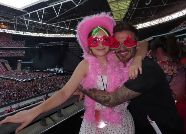 David Beckham wears feather boa and sings along with Harper at Harry Styles gig - OK! Magazine