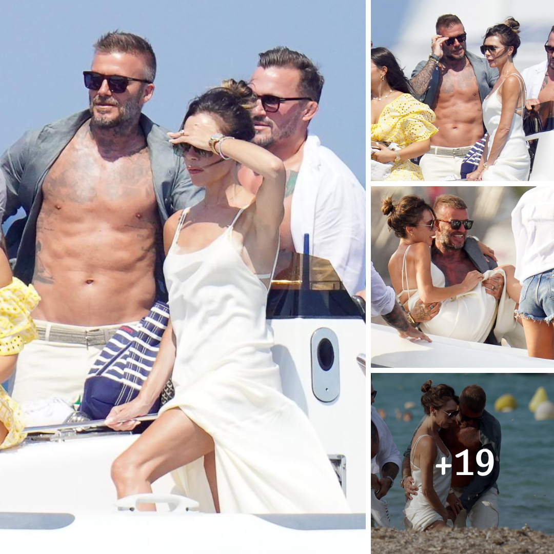 David Beckham playfully scoops Victoria up into his arms as couple frolic on family holiday