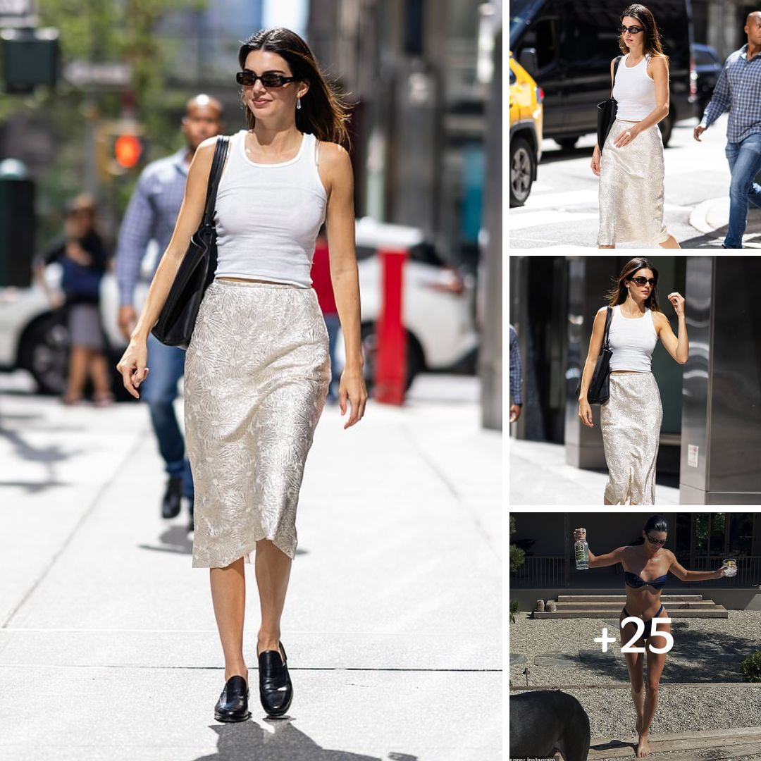 Kendall Jenner looks stylish in a white tank top and patterned skirt while out and about in New York City