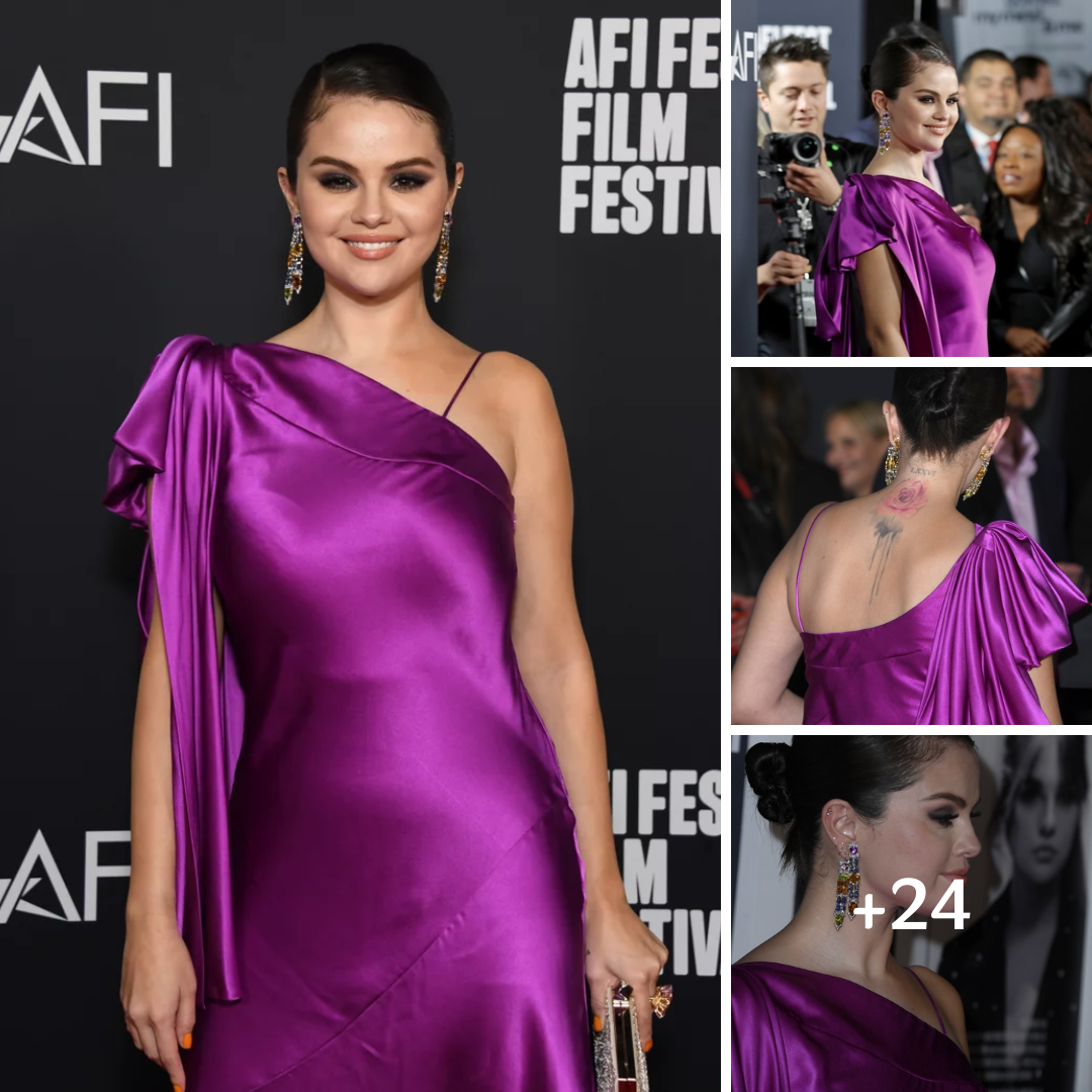 Selena Gomez Shows Off Her Massive Neck Tattoo in a Purple Silk Gown ‎