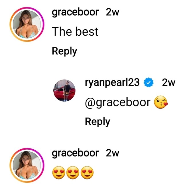 grace boor comments on ryan pearl's instagram post