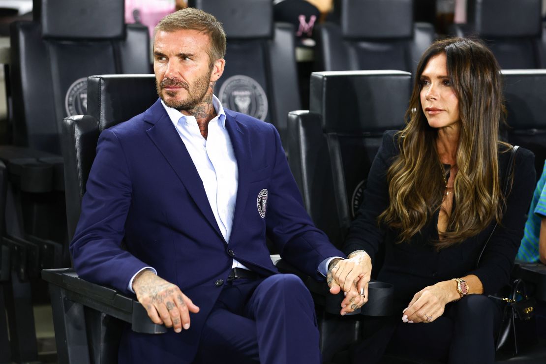 FORT LAUDERDALE, FLORIDA - OCTOBER 18: Co-owner David Beckham of Inter Miami CF and wife Victoria Beckham look on prior to a game between Charlotte FC and Inter Miami at DRV PNK Stadium on October 18, 2023 in Fort Lauderdale, Florida. (Photo by Megan Briggs/Getty Images)