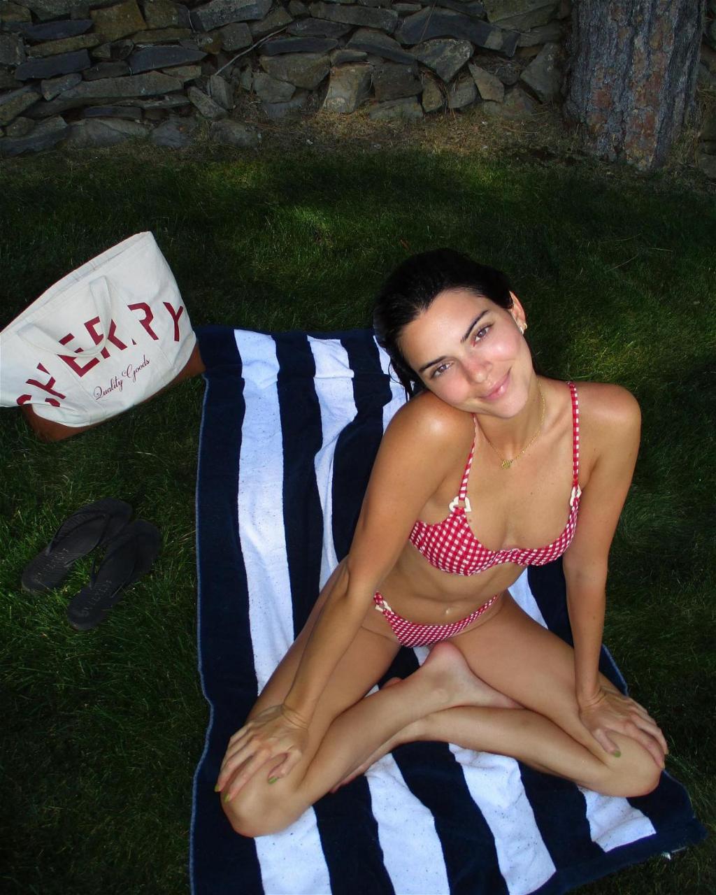 Kendall Jenner in red gingham bikini on July 31, 2022