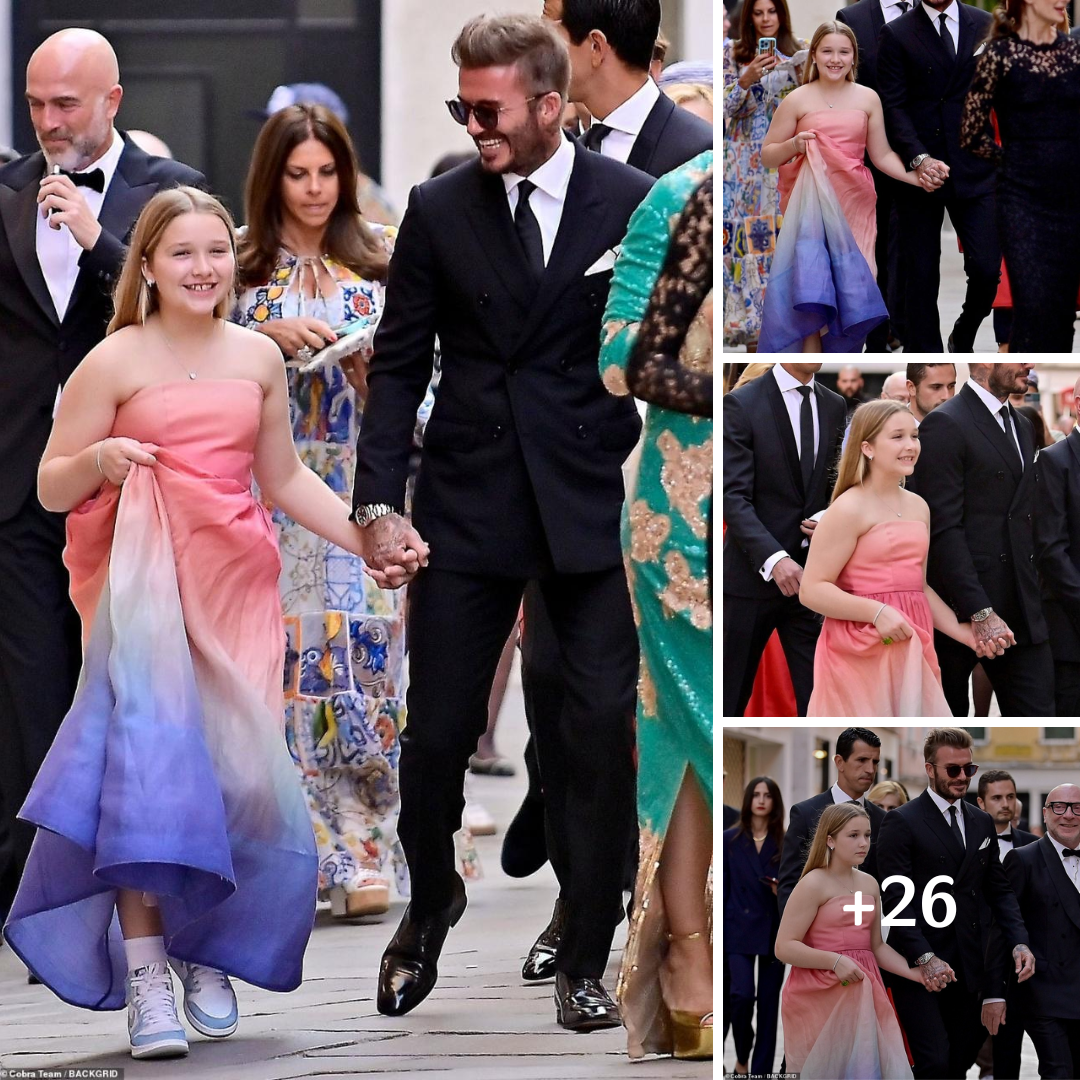 Harper Beckham, wears a pretty ballgown and sweetly holds hands with her dapper dad David