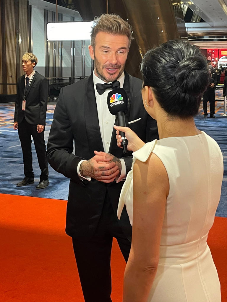 David Beckham chatting to an interviewer during The Londoner Macao grand celebration red carpet in Macau on May 25. Photo: Andre Neveling