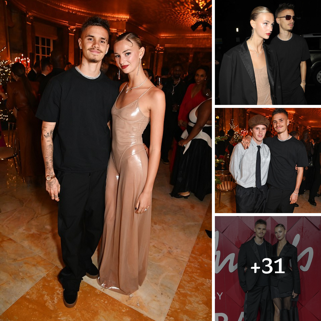 Romeo Beckham, 21, cuts a casual figure in a black T-shirt as he joins brother Cruz, 18, and glamorous girlfriend Mia Regan, 21, at the British Fashion Awards after party