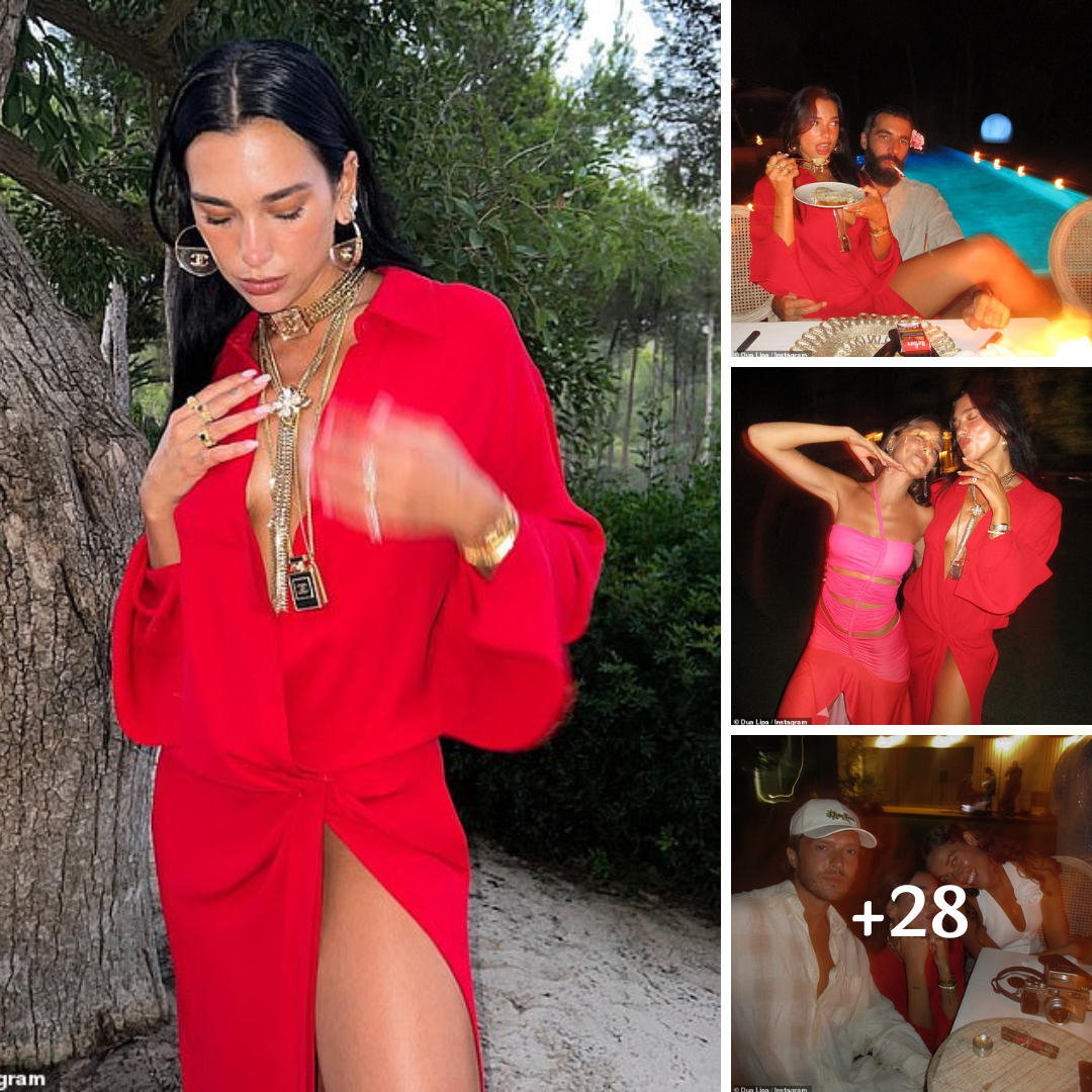 Dua Lipa puts on a leggy display in a red dress and cosies up to her beau Romain Gavras at her very lavish 28th birthday party in Ibiza