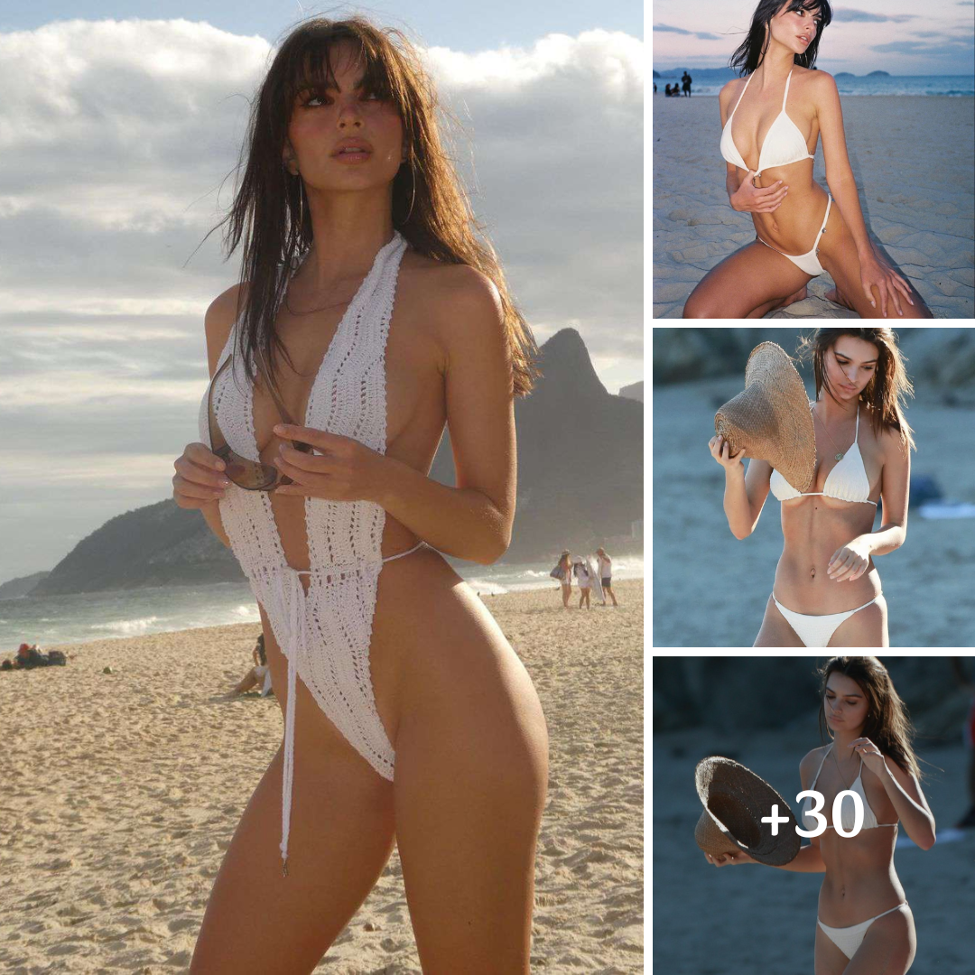 Emily Ratajkowski risks wardrobe malfunction as she tugs at white bikini top in sexy beach shoot