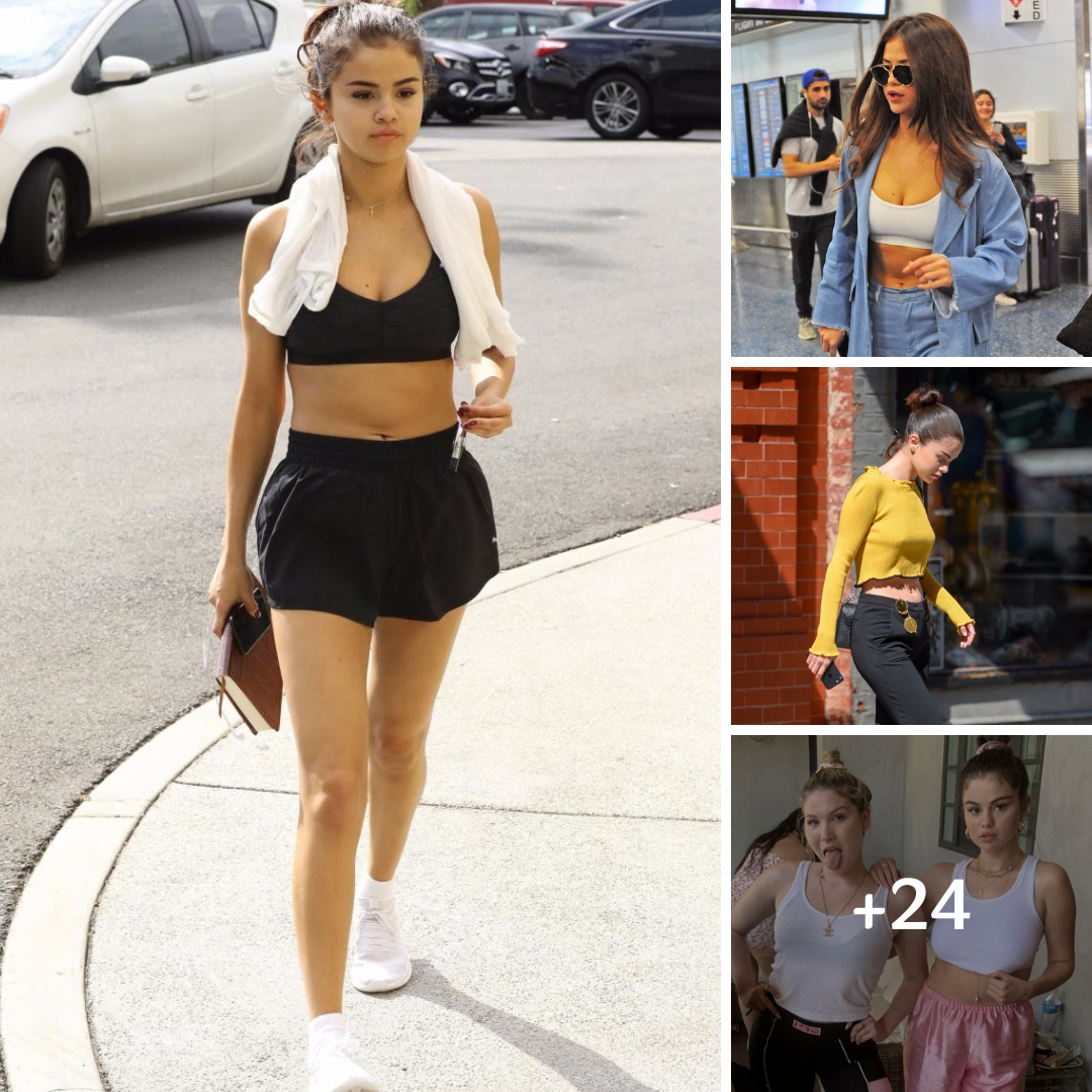 Selena Gomez wears crop top, quilted hot pants and mesh knee boots for iHeartRadio appearance