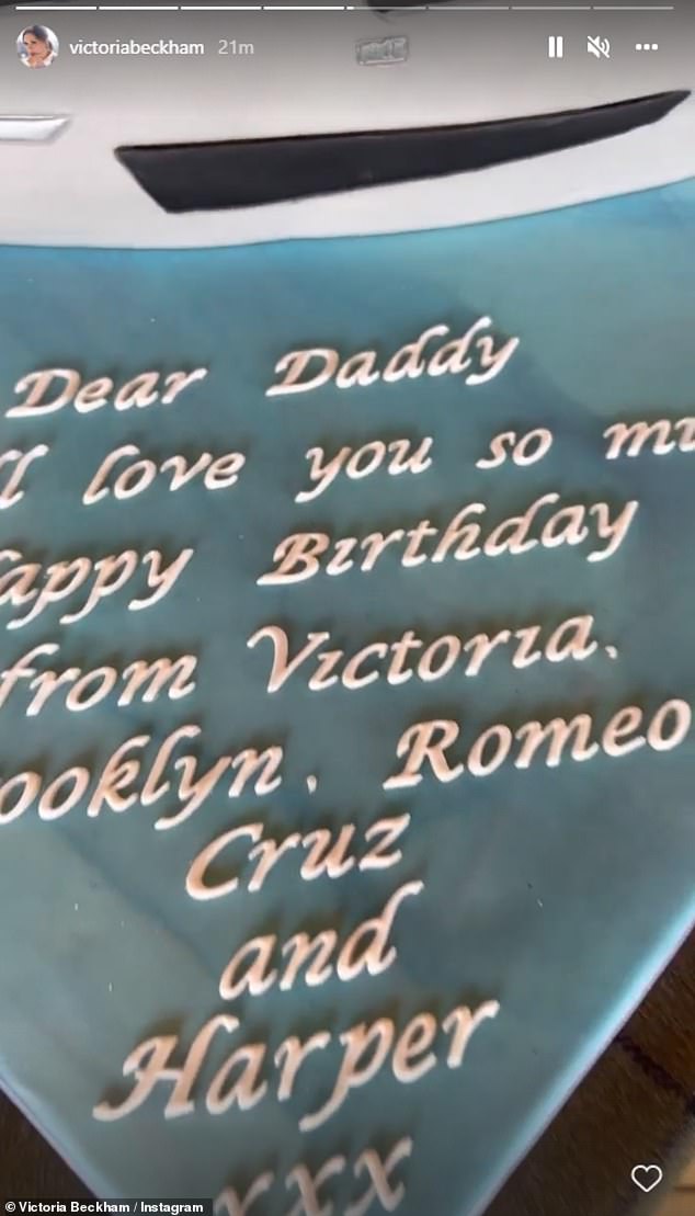 Message: A message read: 'Dear Daddy, we all love you so much. Happy Birthday from Victoria, Brooklyn, Romeo, Cruz and Harper xxx'