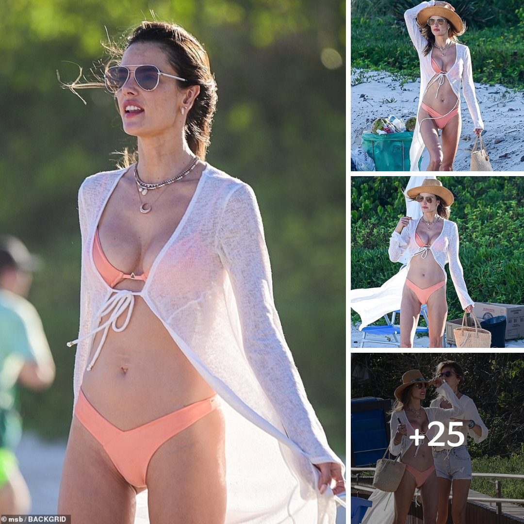 Alessandra Ambrosio stuns in tiny peach bikini as she shows off her sculpted physique during beach holiday with family in Brazil