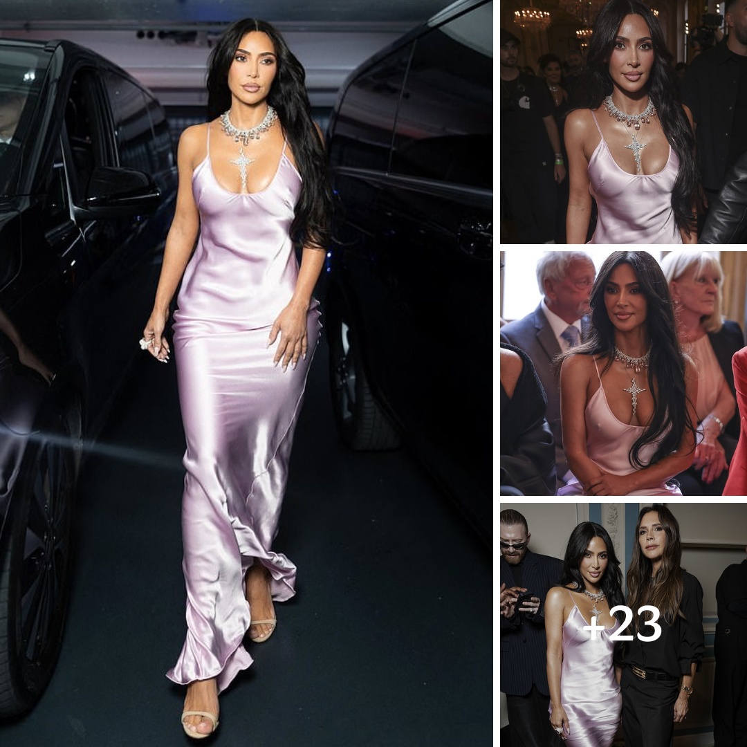 Kim Kardashian wears a silk gown with diamond jewellery at Victoria Beckham’s Paris Fashion Week show – 7 years after being robbed at gunpoint in the French city ‎