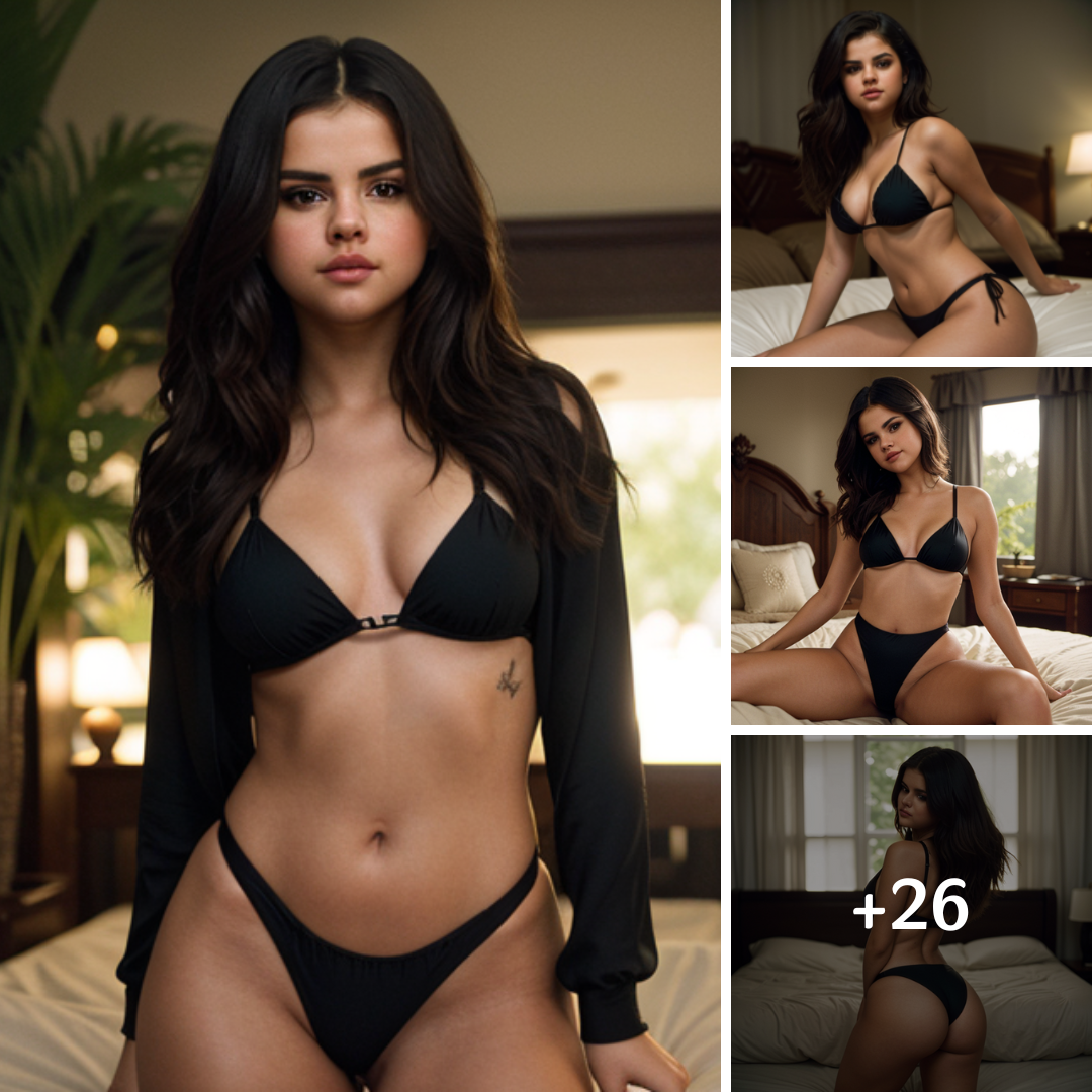 Selena Gomez exudes alluring elegance in black lingerie, captivating and enchanting with her mesmerizing beauty.