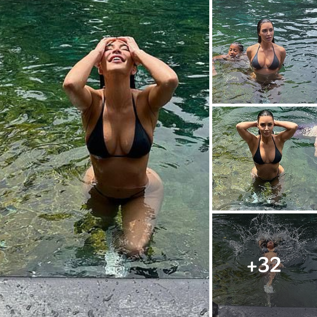 Kim Kardashian jokes she ‘can’t get a good solo pic’ as friends swim around her while she poses in a skimpy bikini