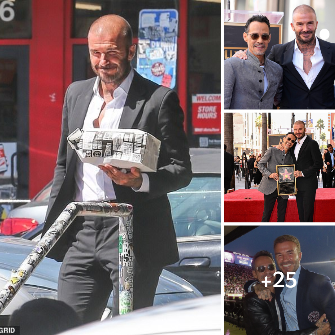 David Beckham shows off his shaven head as he indulges in a takeaway from Fat Sal’s in LA – after surprising pal Marc Anthony at his Walk Of Fame ceremony