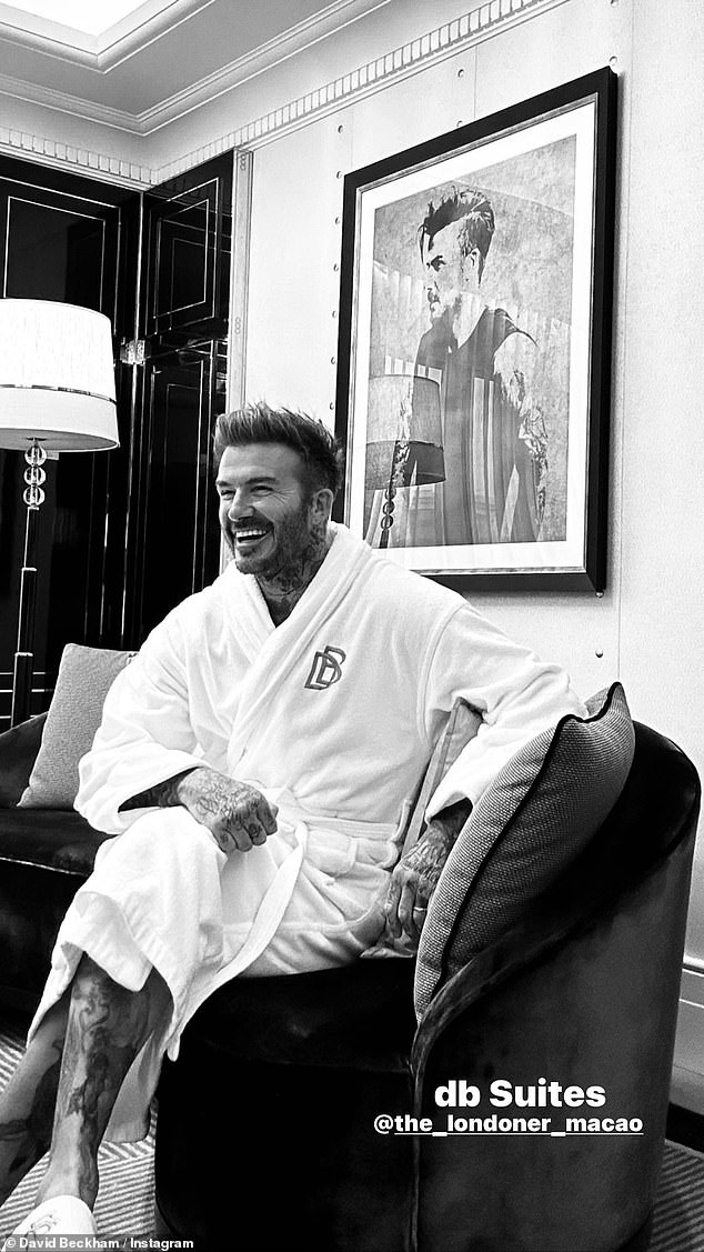 Happy days: David Beckham has visited the Macau hotel rooms he designed for the first time and documented the visit in a host of Instagram posts