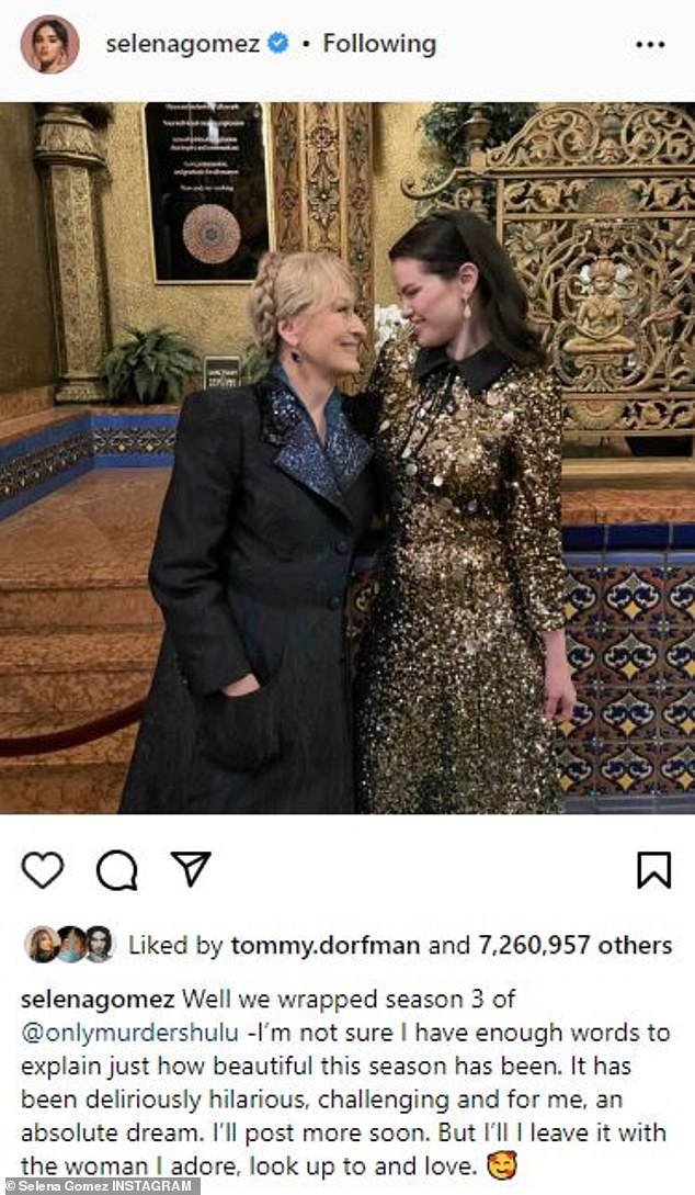 That's a wrap: Just before heading to Paris, Gomez announced she finished shooting season three of Only Murders In The Building, which she shared with a photo of Meryl Streep, who makes a guest starring appearance on the Hulu show