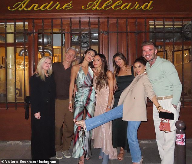 Catch-up: The couple joined Eva and their model pal Isabel Grutman, 31, (pictured  left next to Victoria) as they dined at Allard restaurant