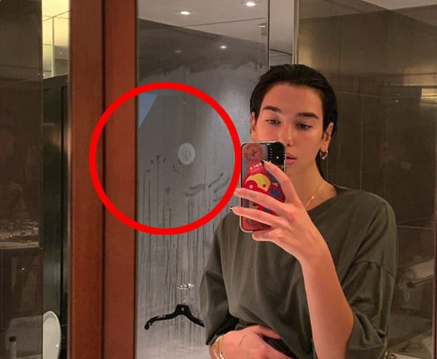 Small detail: Some of her fans and followers were quick to point out what appeared to be handprints on the shower door, which left some in shock and speculated the marks were made by Dua and boyfriend, Romain Gavras