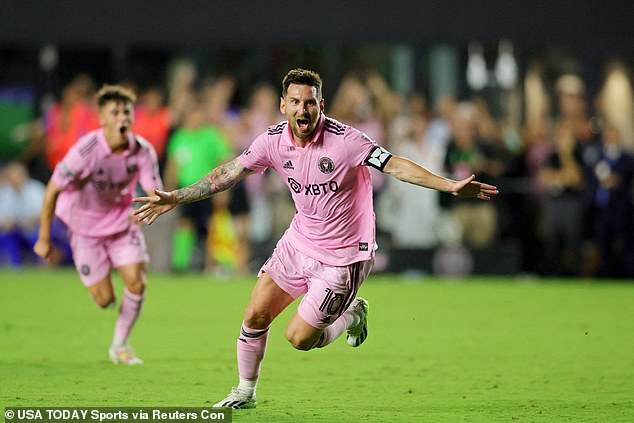 Inter Miami CF forward Lionel Messi (10) celebrates after scoring a goal against Cruz Azul during the second half at DRV PNK Stadium