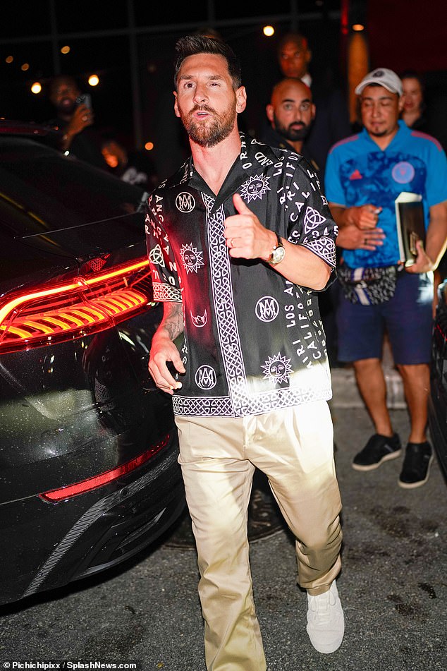 Style statement: Argentina legend, Messi wore an eye-catching shirt with beige chinos and box-fresh white trainers