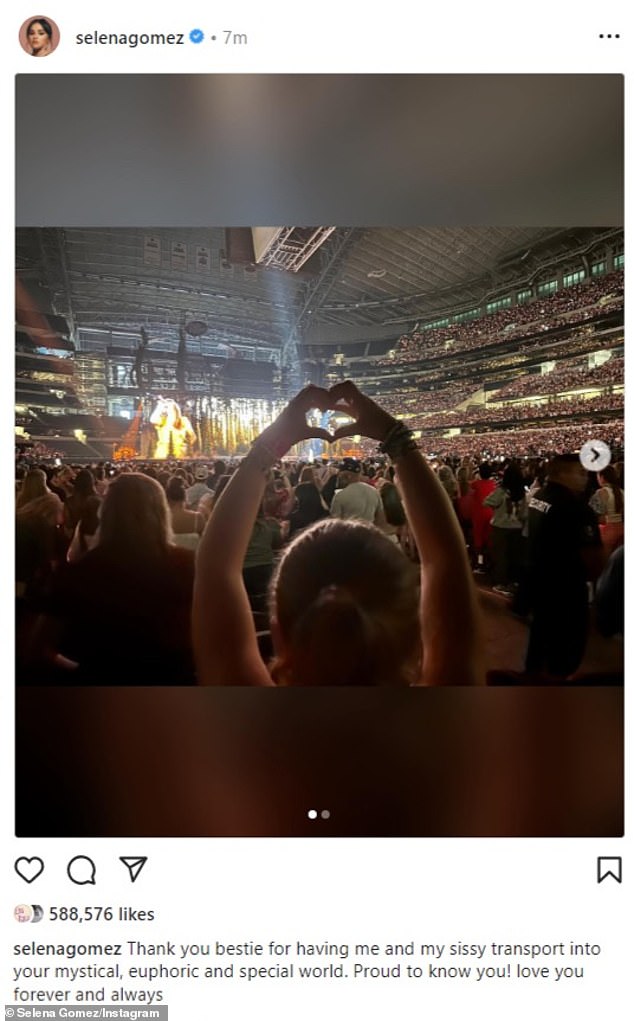 'Proud': Earlier in April, Gomez and her sister Gracie notably also attended Taylor's concert during her Eras Tour stop in Arlington, Texas