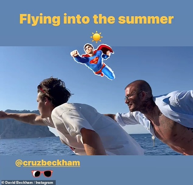 Larking about: As well as an array of selfies, David shared a video of himself and Cruz both posing like Superman as they pretended to fly through the air as the boat sped along