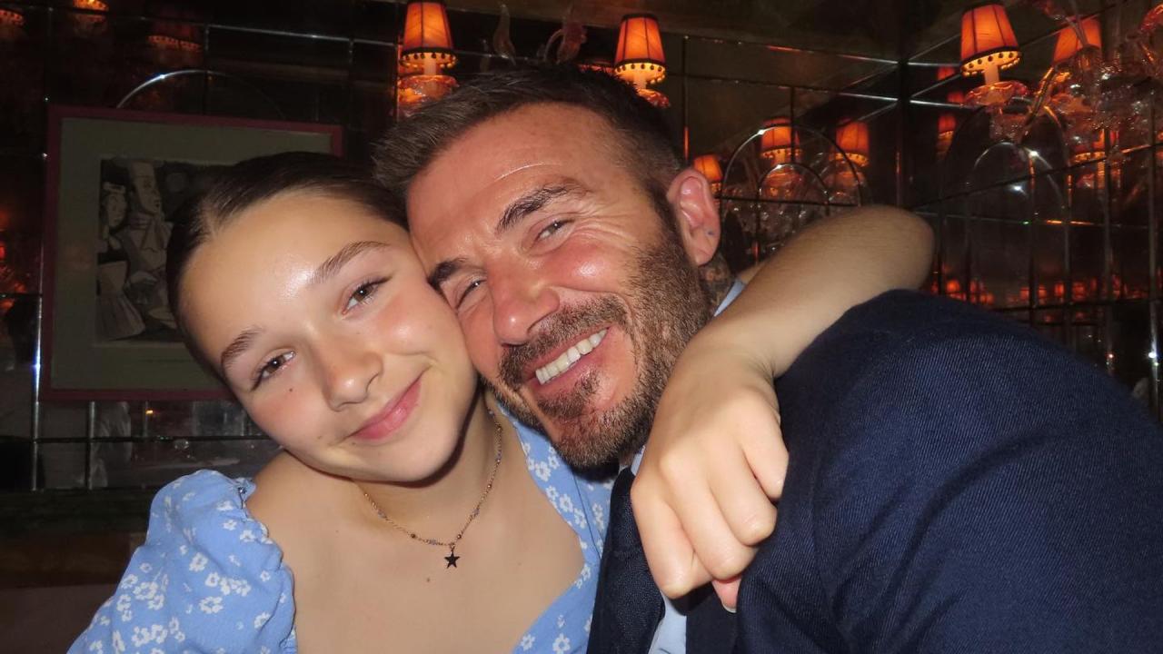 Harper Beckham hugging dad David Beckham during family outing