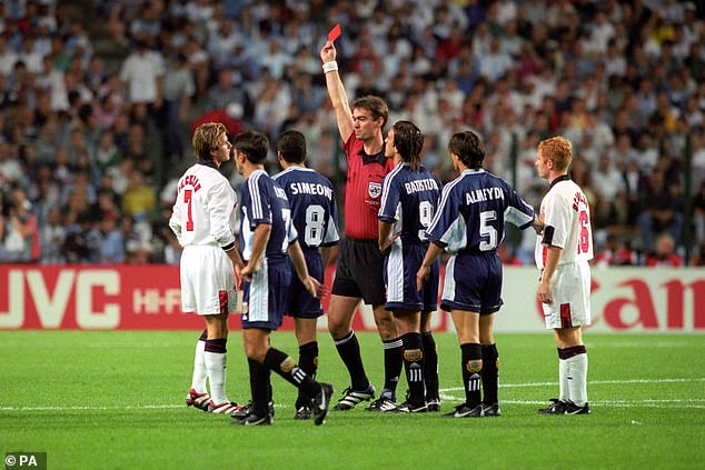 The football star, now 48, was sent off against Argentina after kicking the back of Diego Simeone's leg, lashing out at the Argentina captain after he had shoved him to the ground