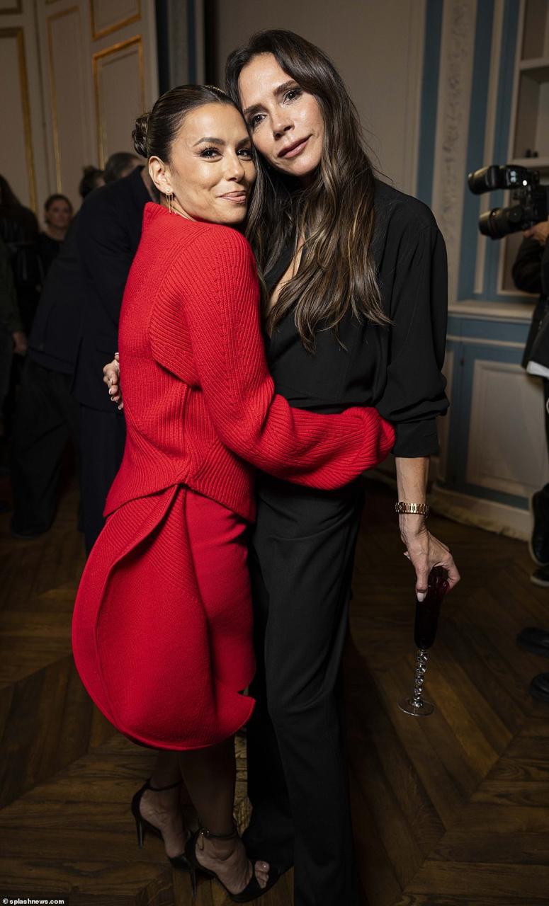 Hugging it out: Eva flung her arms around her friend Victoria and gave her a heartfelt hug as the former pop star wound down after her fashion show