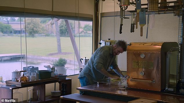 Cooking: They cook in swanky copper pans that hang from the large rack and clean up with designer Daylesford White Stripe Tea Towels from it's namesake and nearby village