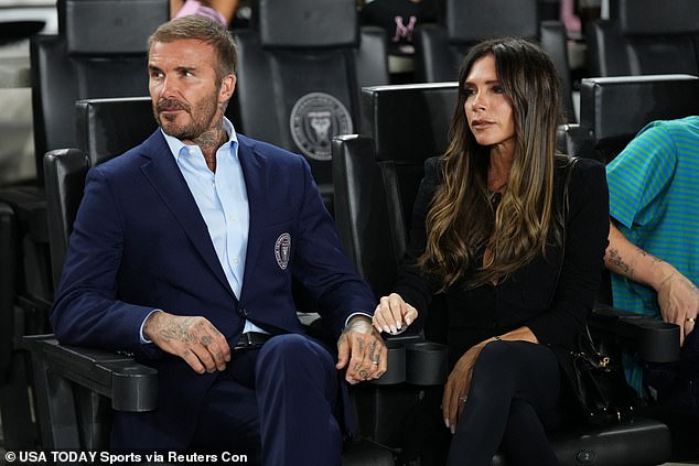 Support: The fashion designer touched down in Florida to watch Inter Miami's final home game from the stands with her husband David, 48