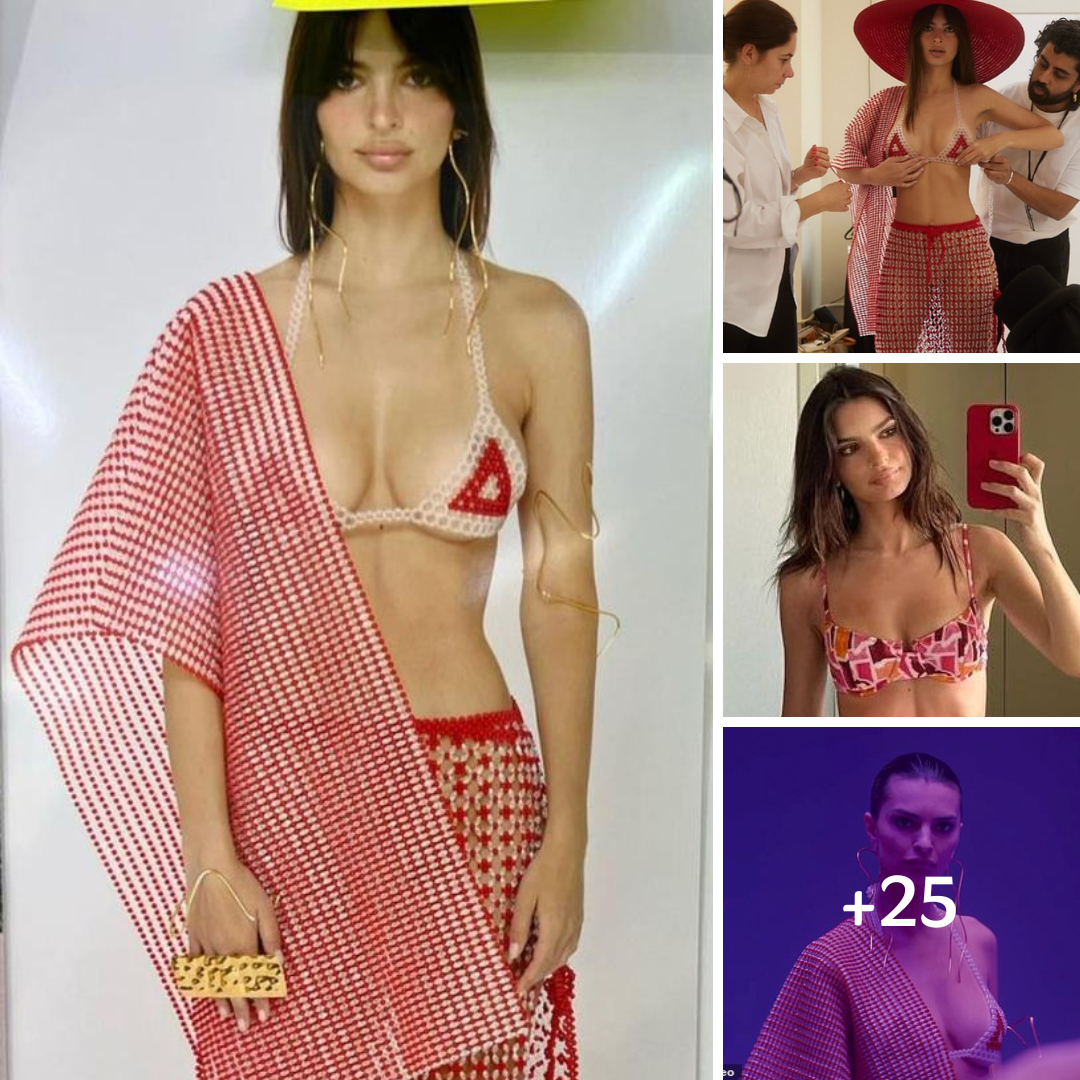 Emily Ratajkowski lets her body do the talking as she models a red-and-white crochet bra for the Victoria’s Secret Runway Show Tour ’23