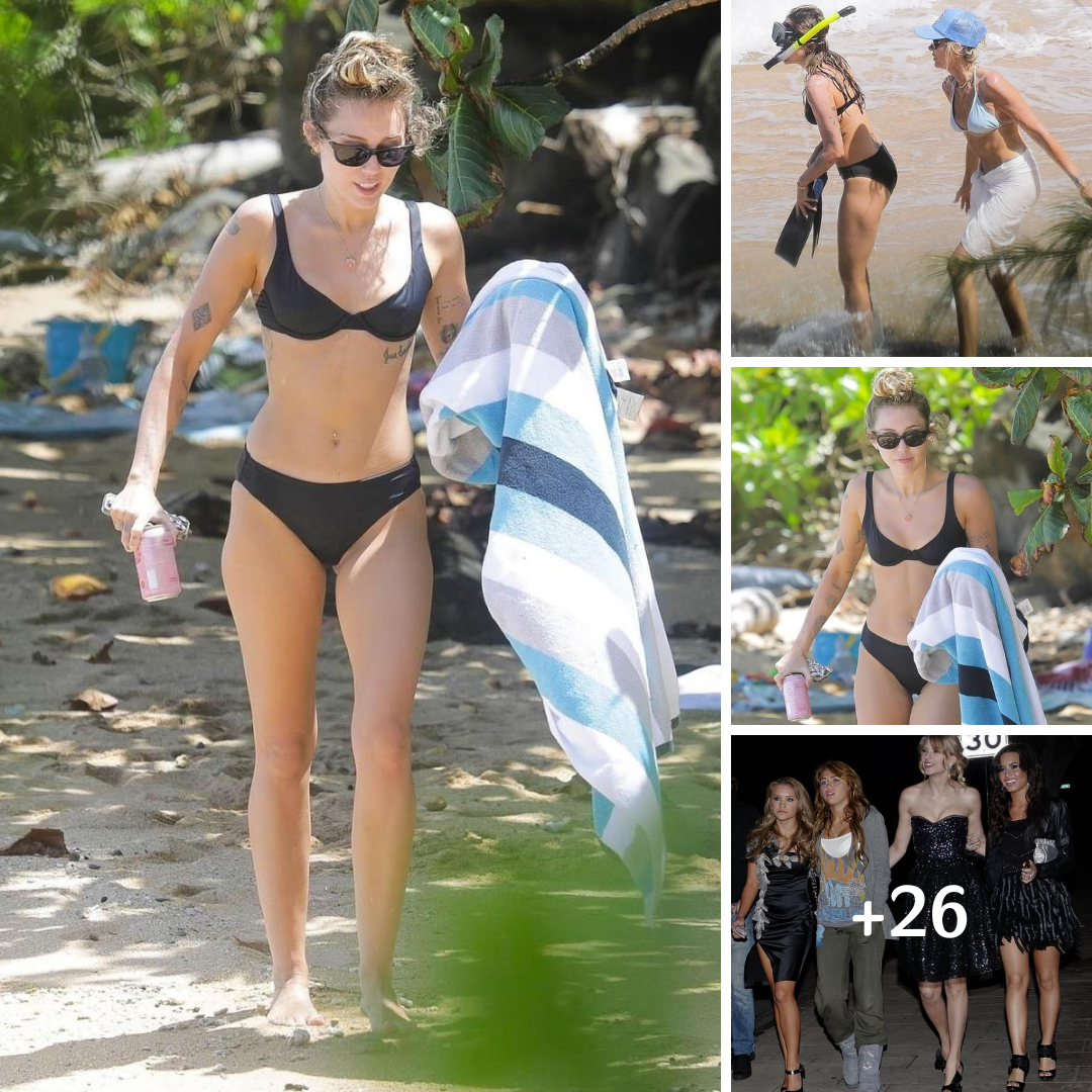 EXCLUSIVE: Miley Cyrus flaunts her toned figure in a black bikini on the beach in Hawaii during mom Tish’s honeymoon with Dominic Purcell