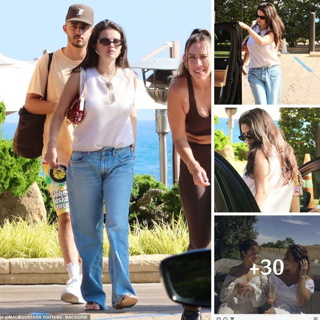 Selena Gomez is summer casual in a white tank top and jeans on a lunch date with friends at Nobu Malibu