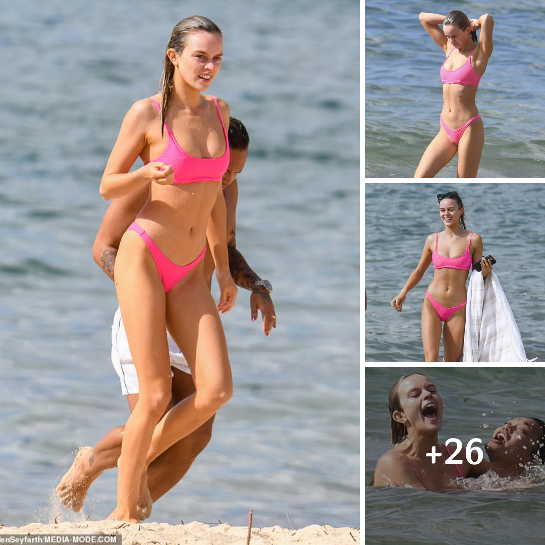 Madeline Holtznagel shows off her model figure in skimpy pink bikini