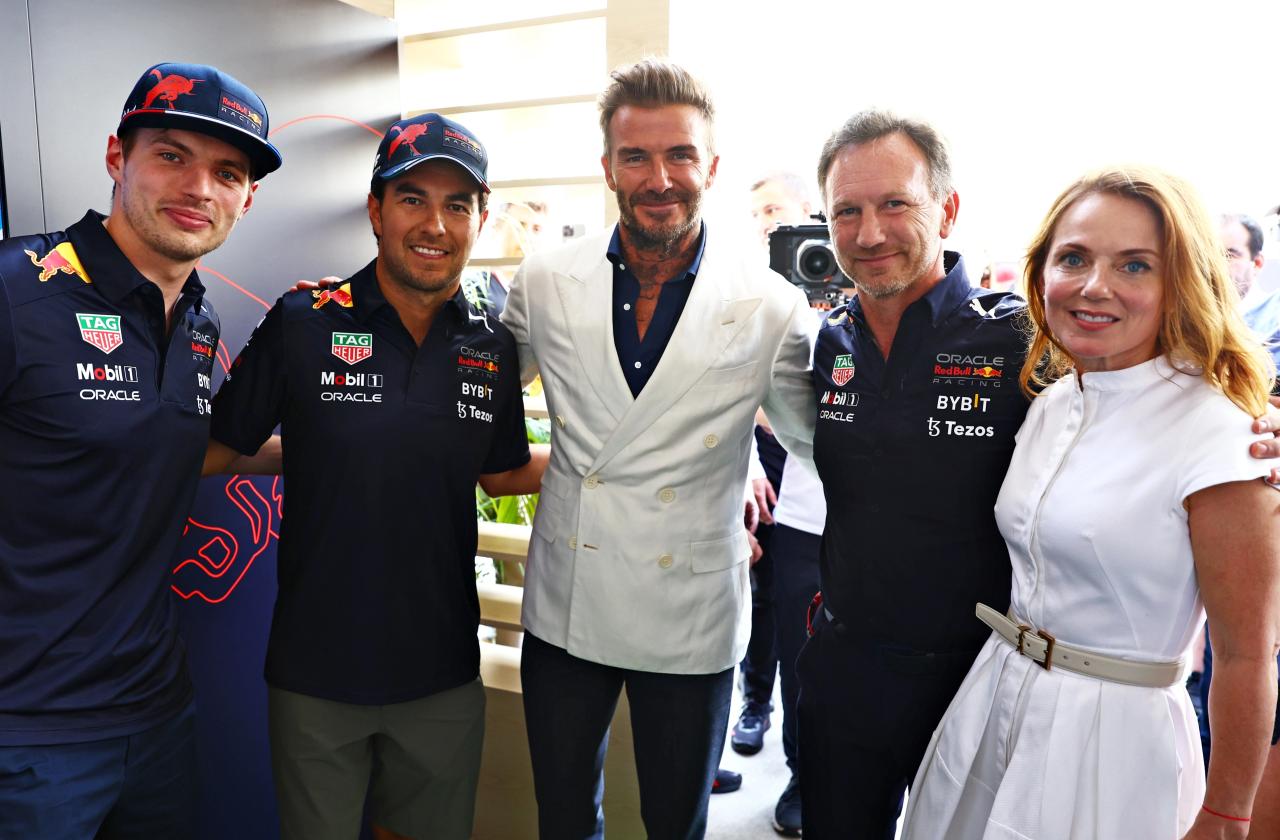 Beckham also took the time to pose with the Red Bull team and old pal Geri Horner