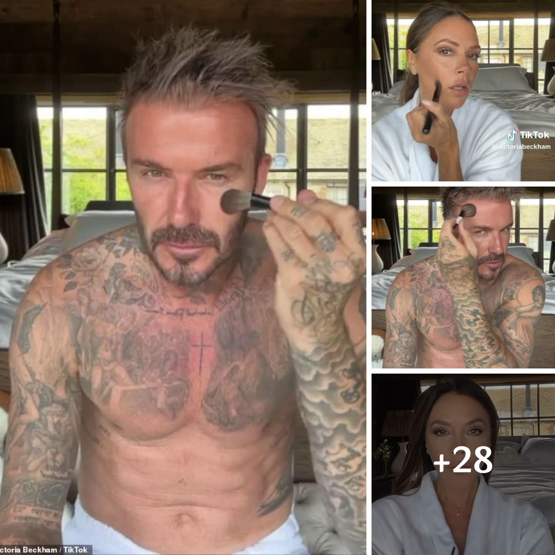 Shirtless David Beckham pokes fun at wife Victoria as he reveals his makeup routine