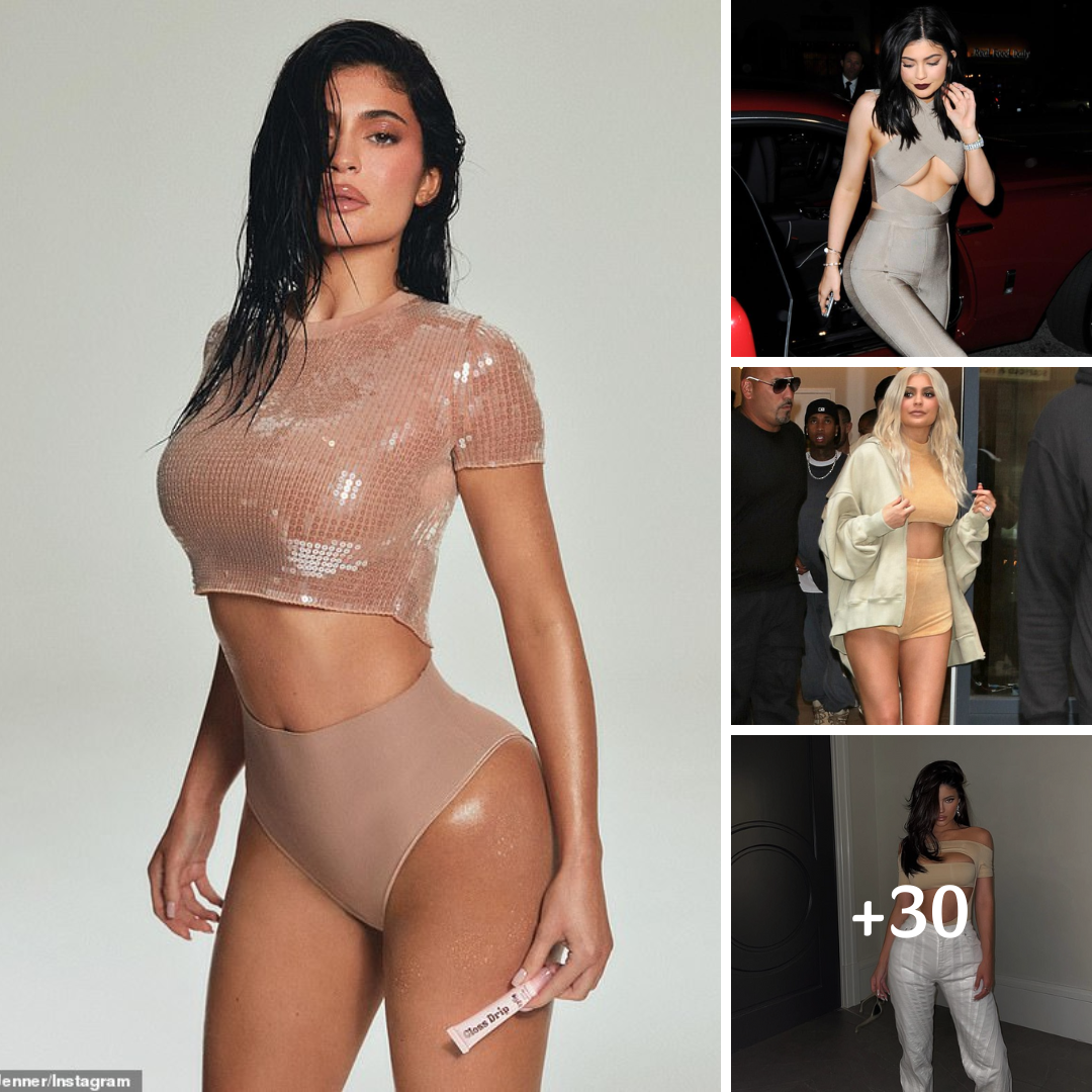 Kylie Jenner models a nude crop top and matching undies as she promotes her ‘yummy’ lip gloss that ‘provides a wet look without stickiness’