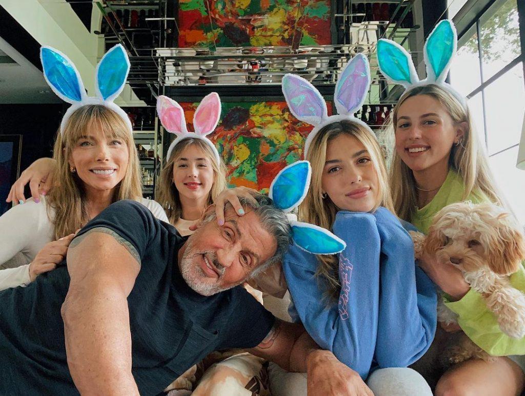 Sylvester, Sophia, Sistine, Scarlet Stallone, Jennifer Flavin posing for the camera.