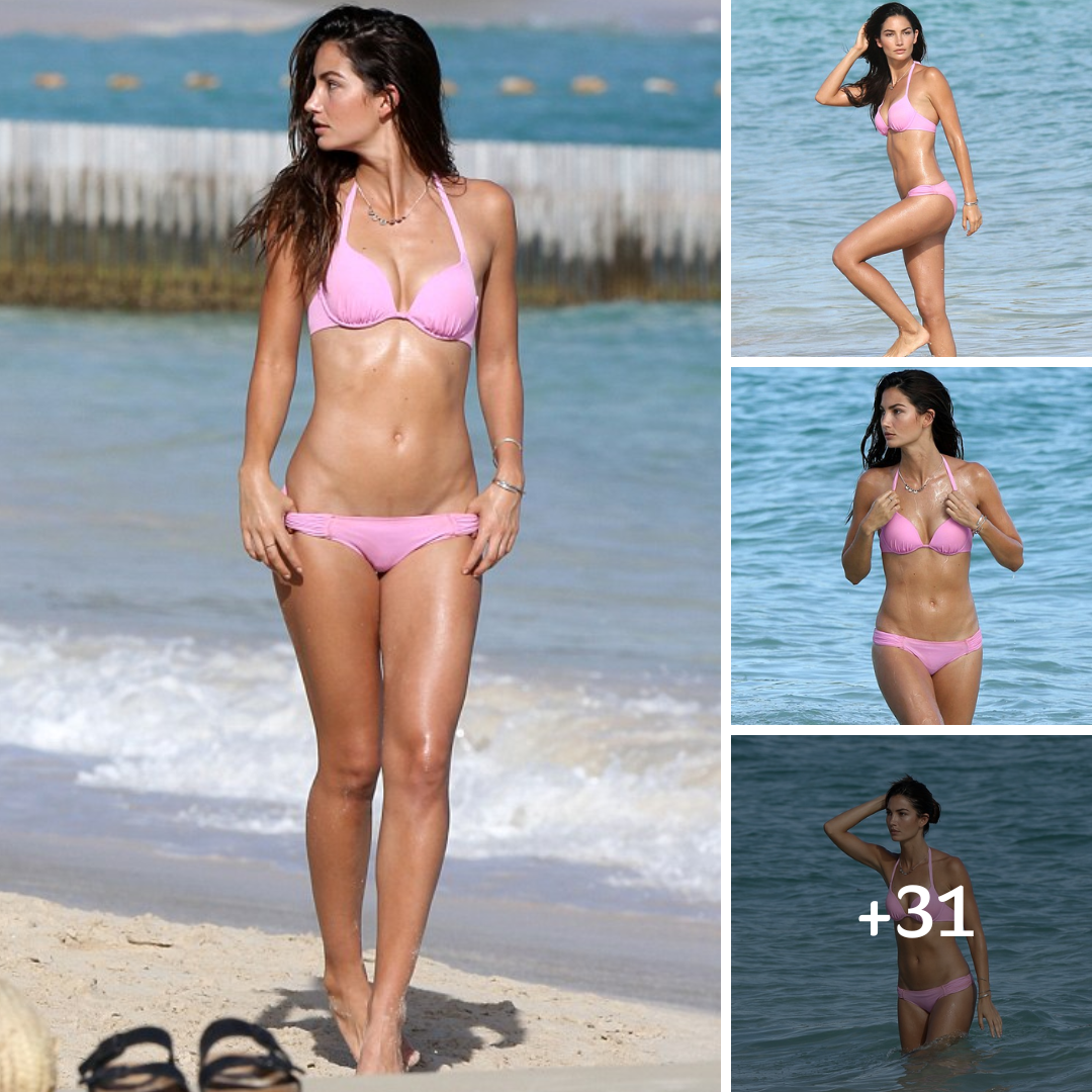 Lily Aldridge shows off her body in a little pink bikini for Victoria’s Secret photo shoot