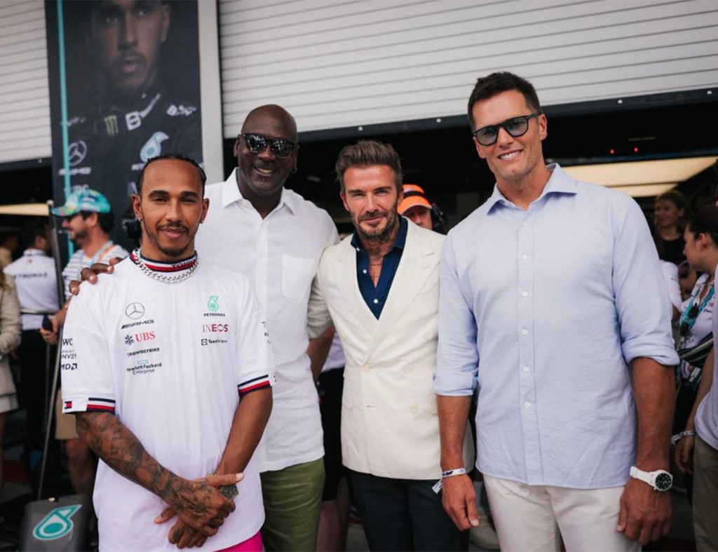 (L-R) Lewis Hamilton, Michael Jordan, David Beckham and Tom Brady at the F1 Grand Prix in Miami, Florida in May 2022. 