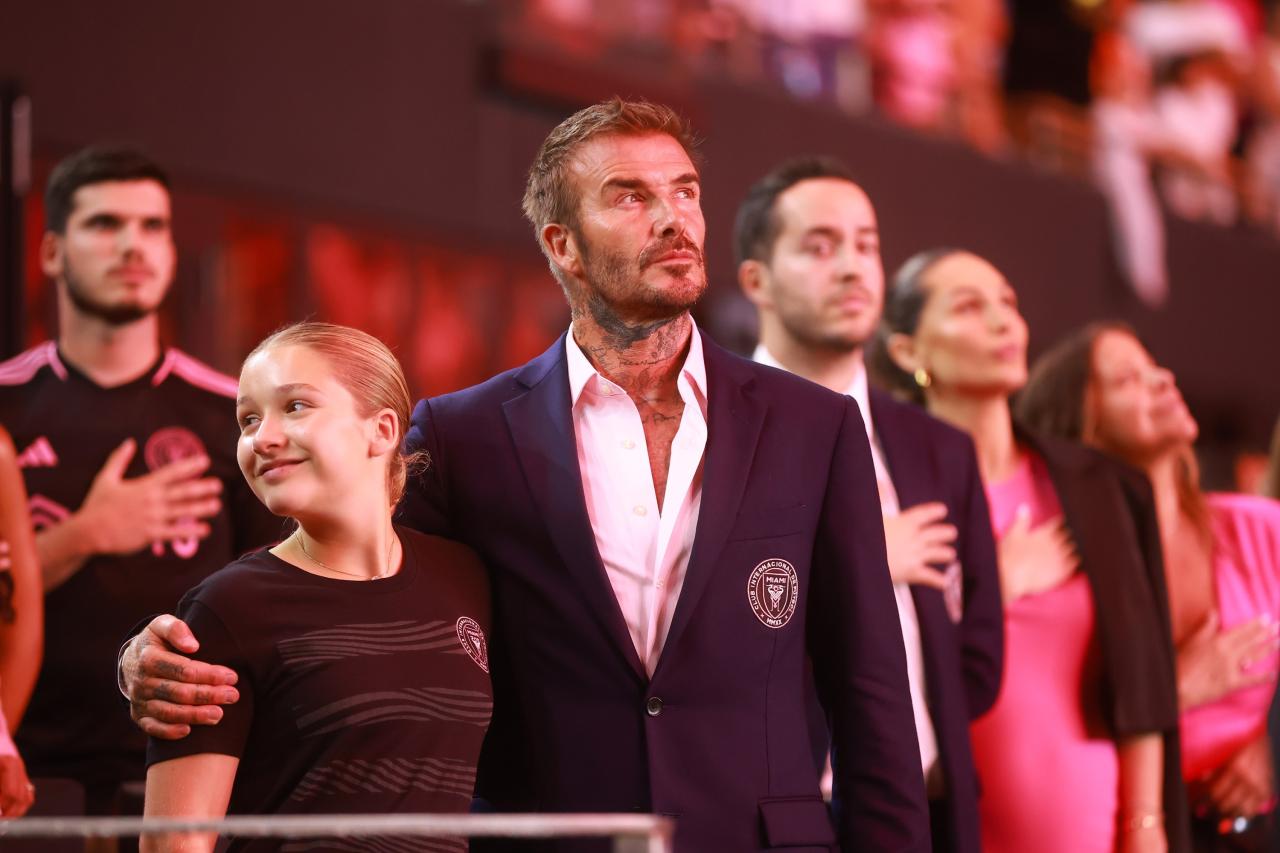 FORT LAUDERDALE, FLORIDA - AUGUST 02: (R) Co-owner David Beckham of Inter Miami CF stands during the national anthem prior to the Leagues Cup 2023 Round of 32 match between Orlando City SC and Inter Miami CF at DRV PNK Stadium on August 02, 2023 in Fort Lauderdale, Florida. (Photo by Hector Vivas/Getty Images)