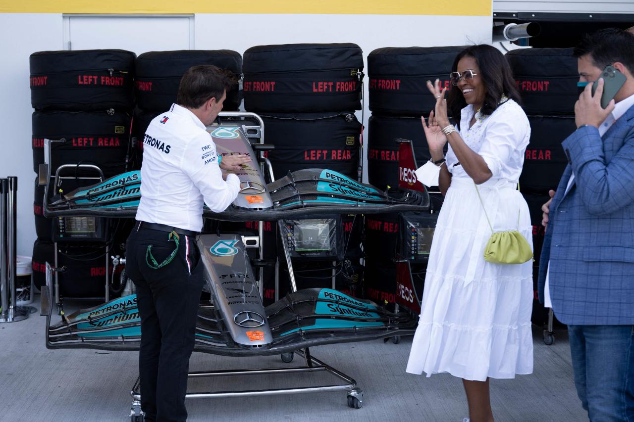 Michelle Obama headed to Mercedes' garage as she attended the Miami Grand Prix