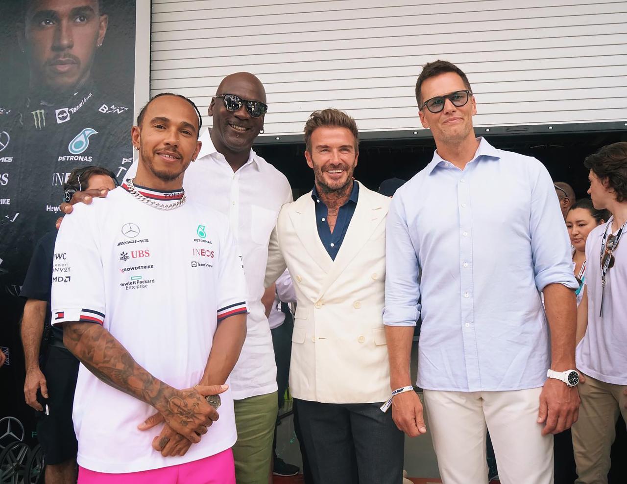 Lewis Hamilton posed with Michael Jordan, David Beckham and Tom Brady prior to the race