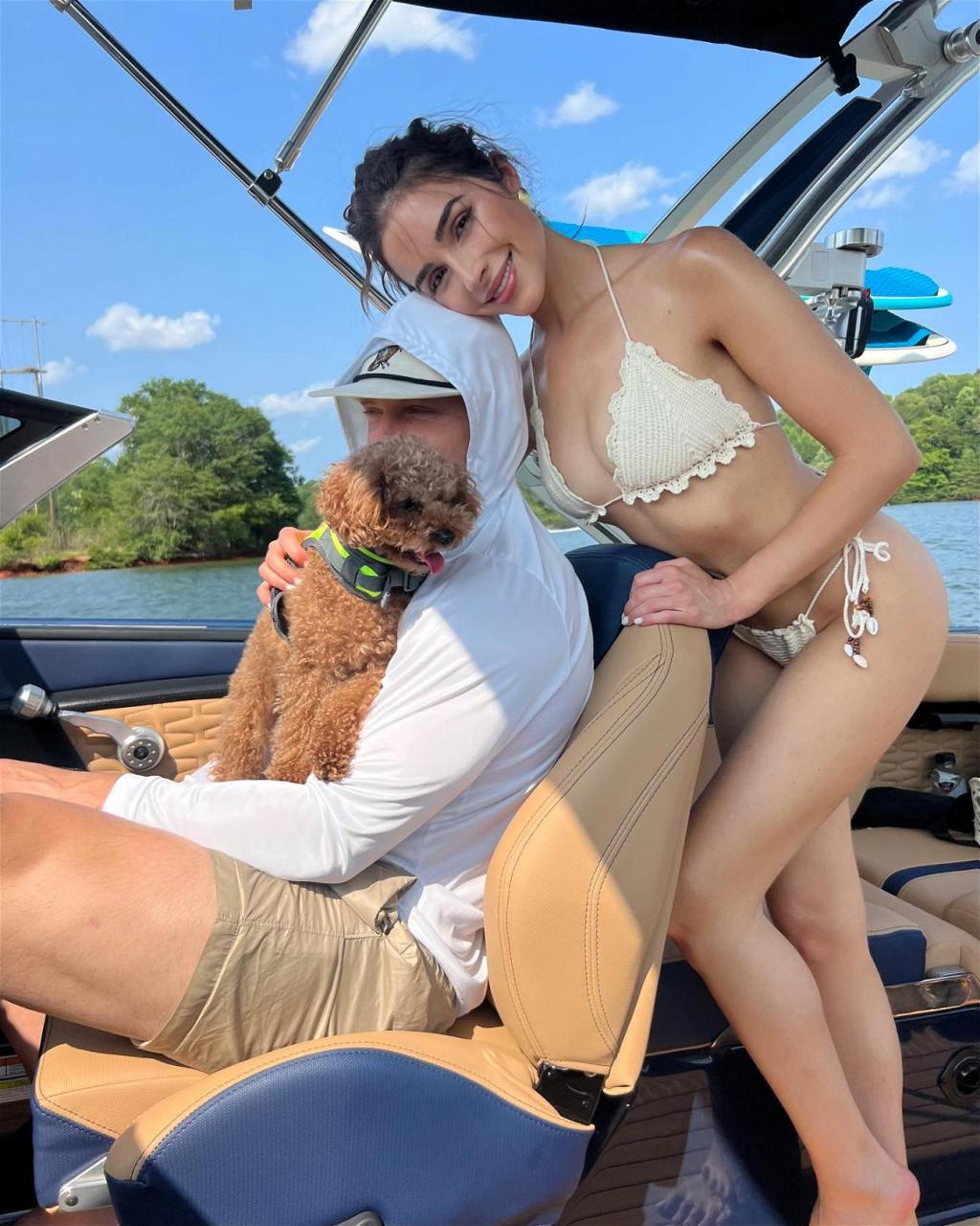 Olivia Culpo in bikini with Christian McCaffrey and Oliver Sprinkles