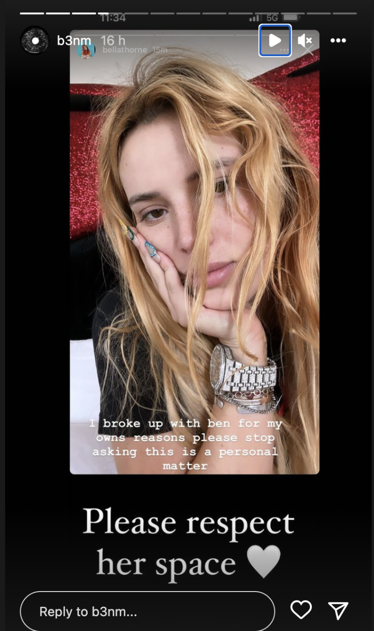 Benjamin Mascolo resahres Bella Thornes message on his IG stories