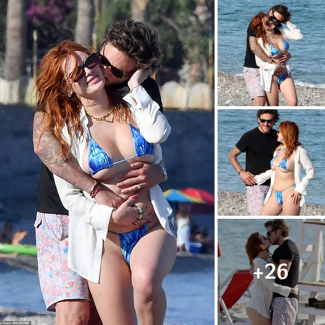 Bella Thorne risks wardrobe malfunction in VERY skimpy bikini as she packs on the PDA with Mark Emms